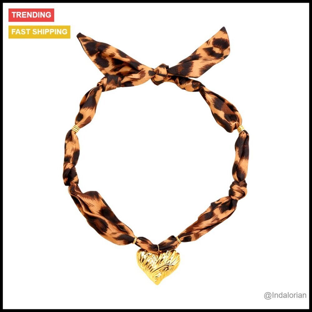 Leopard Print Scarf Necklace Gold Heart Charm Pendant Boho Vintage Accessory
